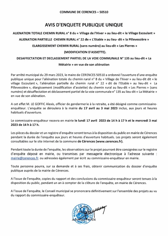 Avis enquête publique voies communales