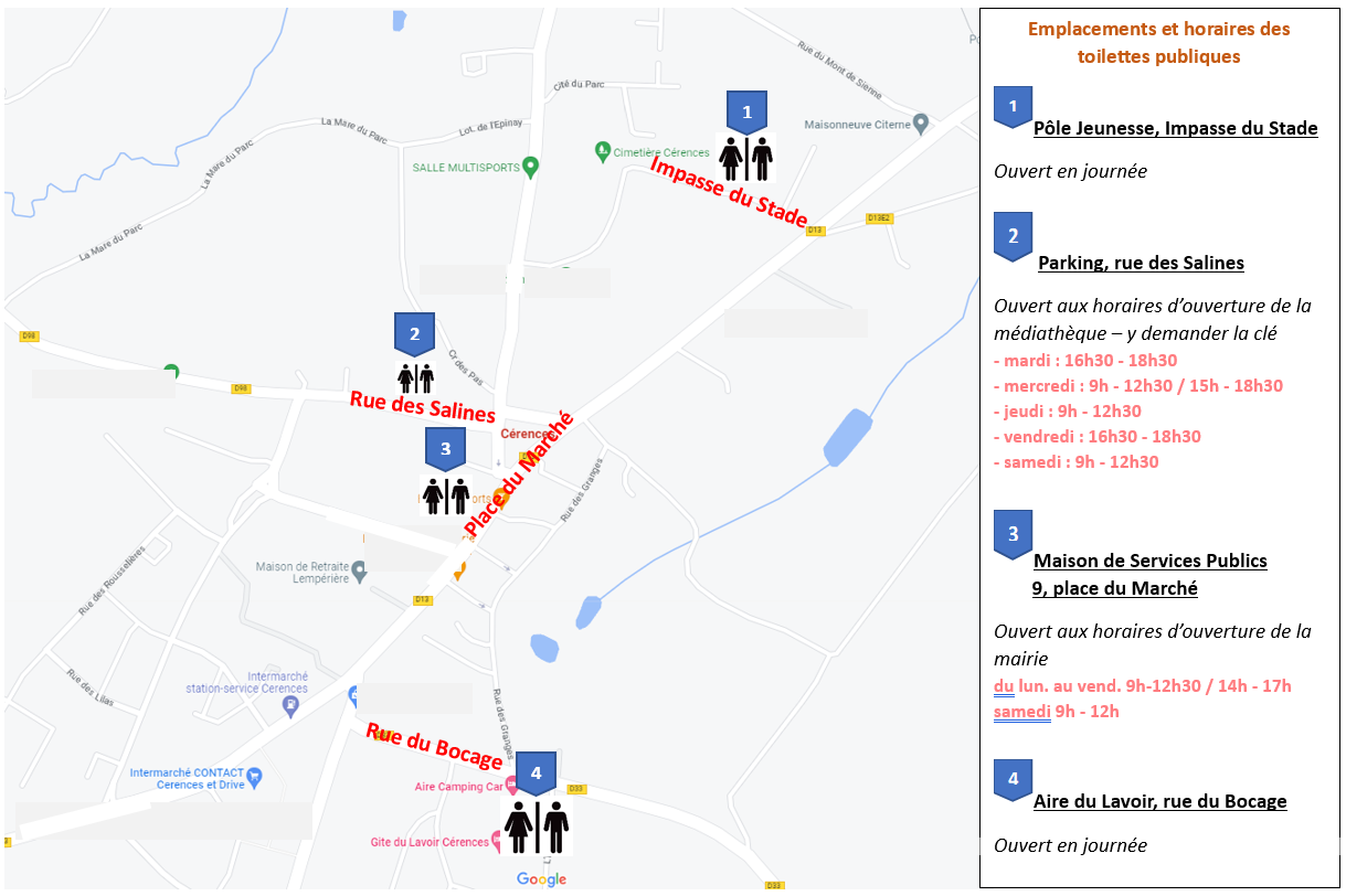 Emplacements et horaires WC